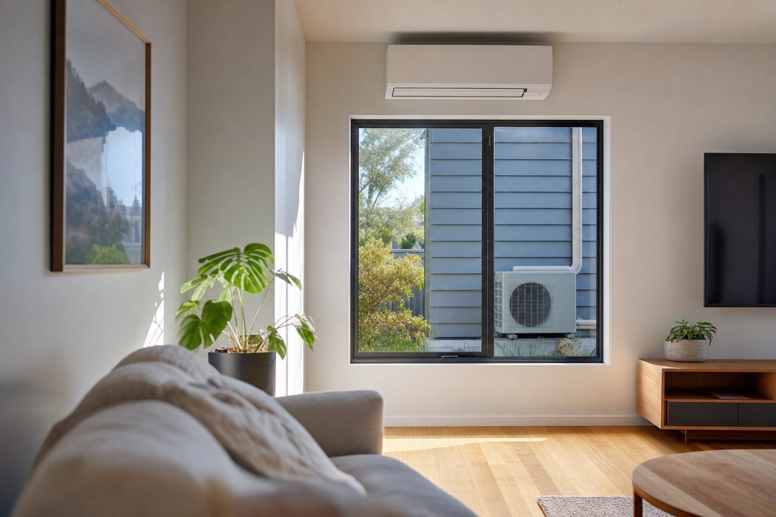 Wall mounted heat pump above a window, with the outdoor unit visible outside